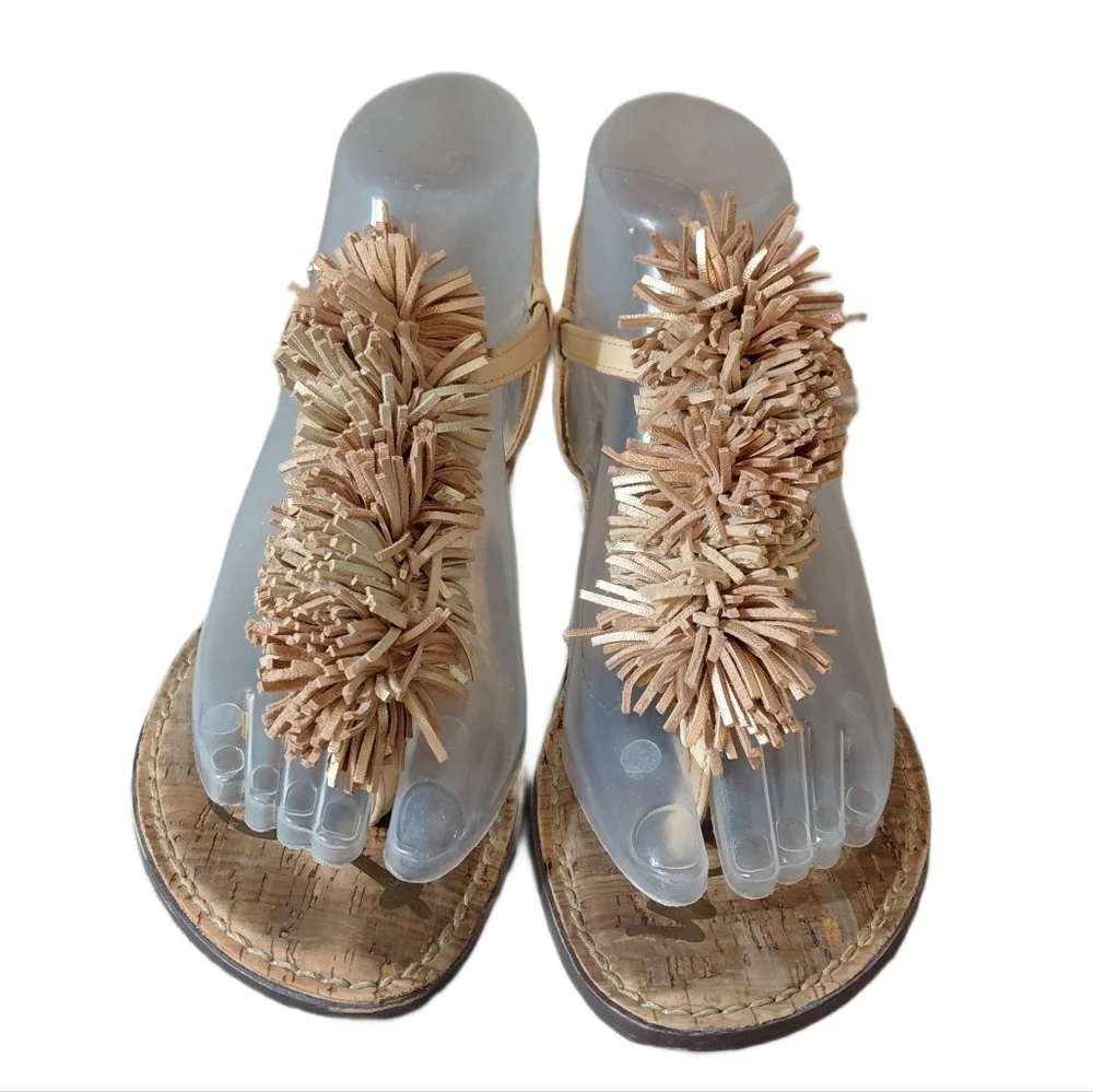 Sam Edelman Gates Gold And Tan Fringe Sandals Women's Size 7 T-strap Sandal